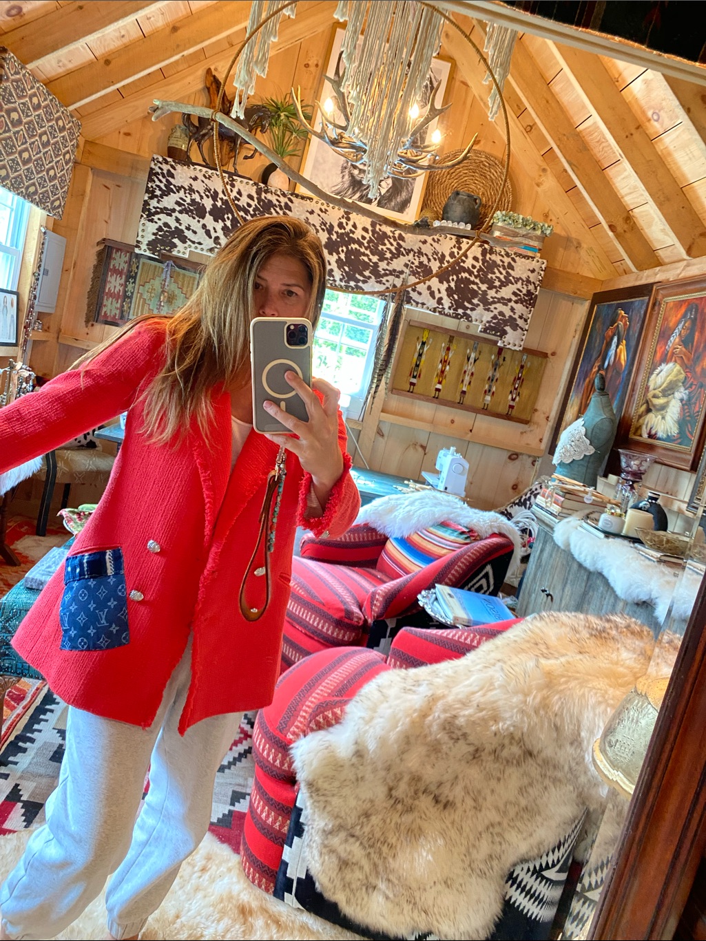 Red Double-Breasted Women's Tweed Blazer With Custom Patch Pocket